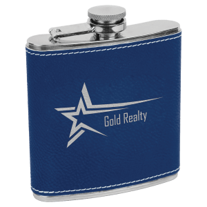 6 oz. navy blue laserable leatherette stainless steel flask with "Gold Realty" logo.