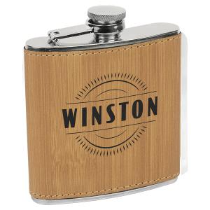 6 oz. laserable bamboo leatherette stainless steel flask with "WINSTON" engraved.