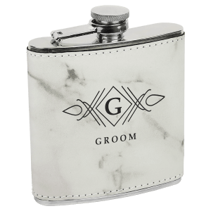 White marble-patterned 6 oz. laserable leatherette flask with "Groom" and initial "G" design.