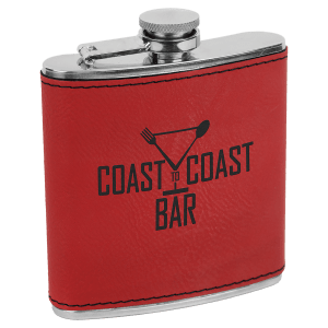 Red 6 oz. laserable leatherette stainless steel flask with "Coast to Coast Bar" logo.