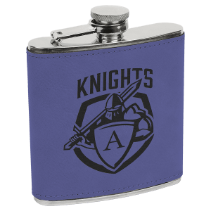 Purple 6 oz. laserable leatherette stainless steel flask with "KNIGHTS" and knight logo.