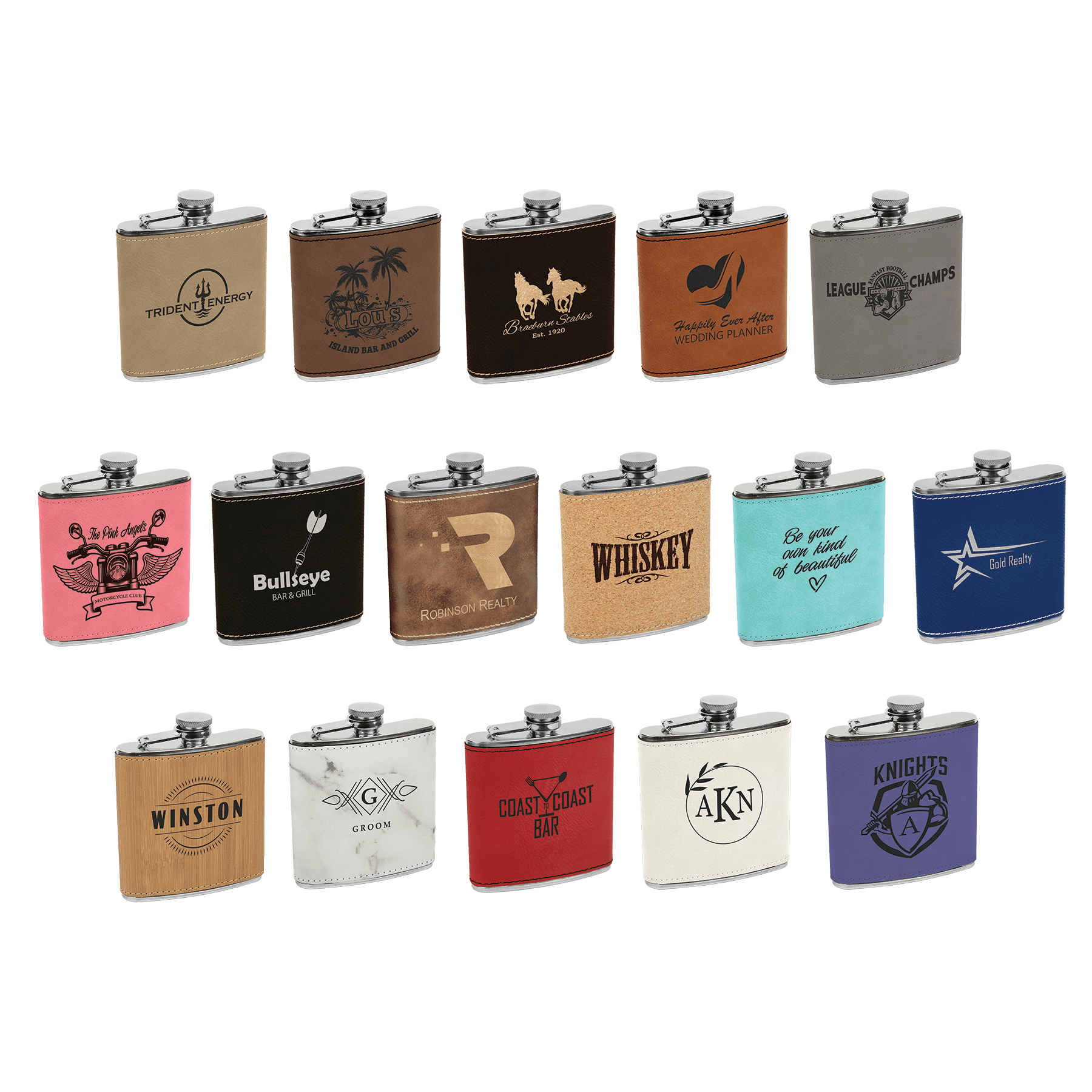 Assorted 6 oz. laserable leatherette stainless steel flasks in various colors and custom engraved designs.
