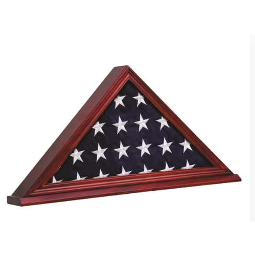 Mahogany finished solid wood flag case with a glass front, displaying a folded American flag.