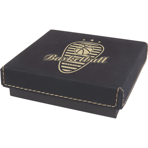 Black leatherette medallion display box with gold laser-engraved "Basketball League" logo and tan stitching.