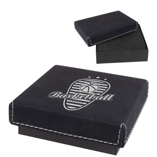 Dark blue textured medallion display box with white stitching and a laser-engraved basketball logo.