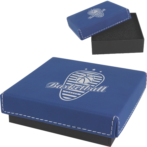 Personalized blue leatherette medallion display box with white stitching and a laser-engraved basketball logo.