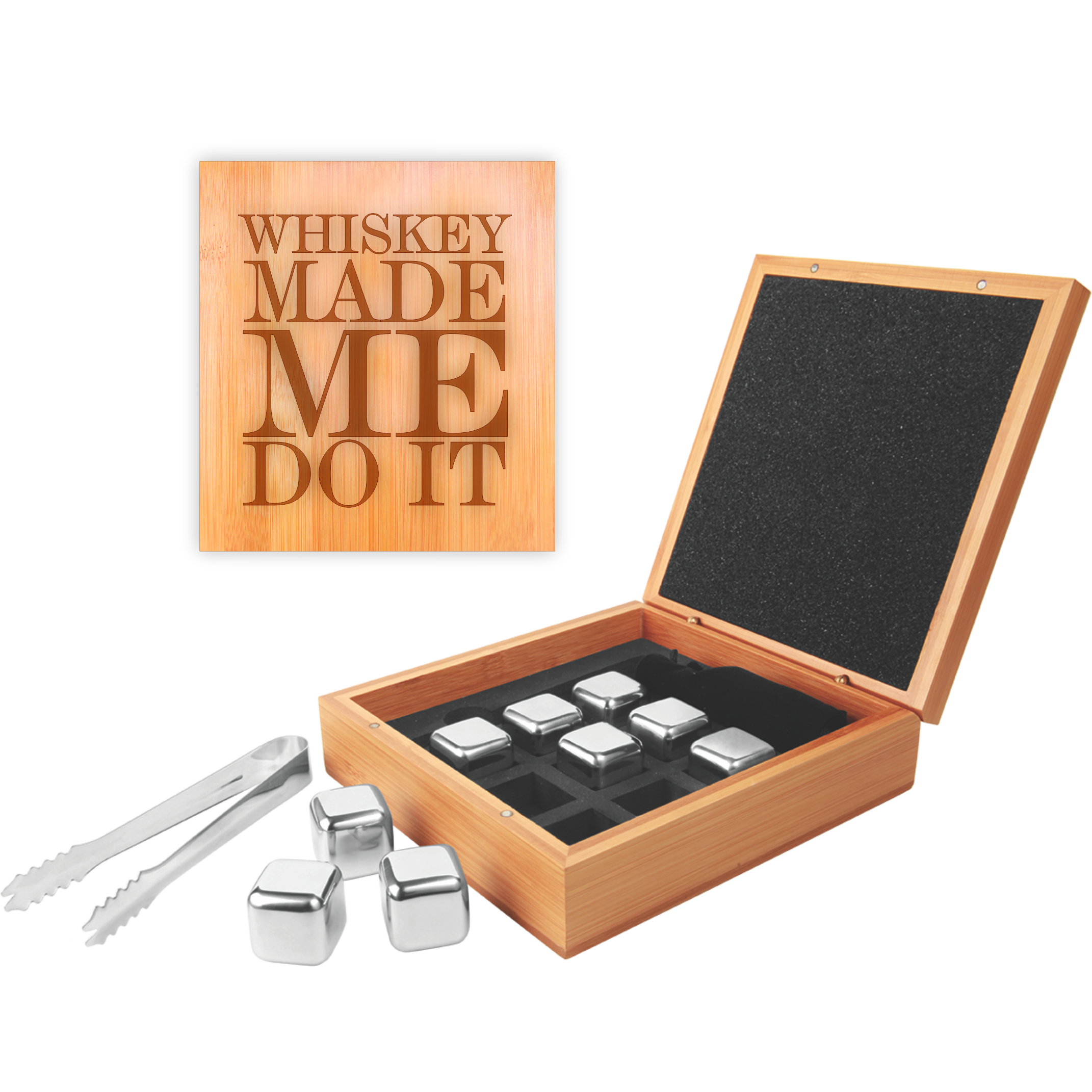 Stainless steel whiskey stones and tongs in an open bamboo case, with a separate engraved bamboo lid.