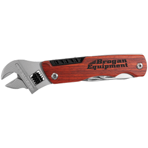 6 1/2" wrench multi-tool with rosewood handle, blades, screwdrivers, and "Brogan Equipment" logo.