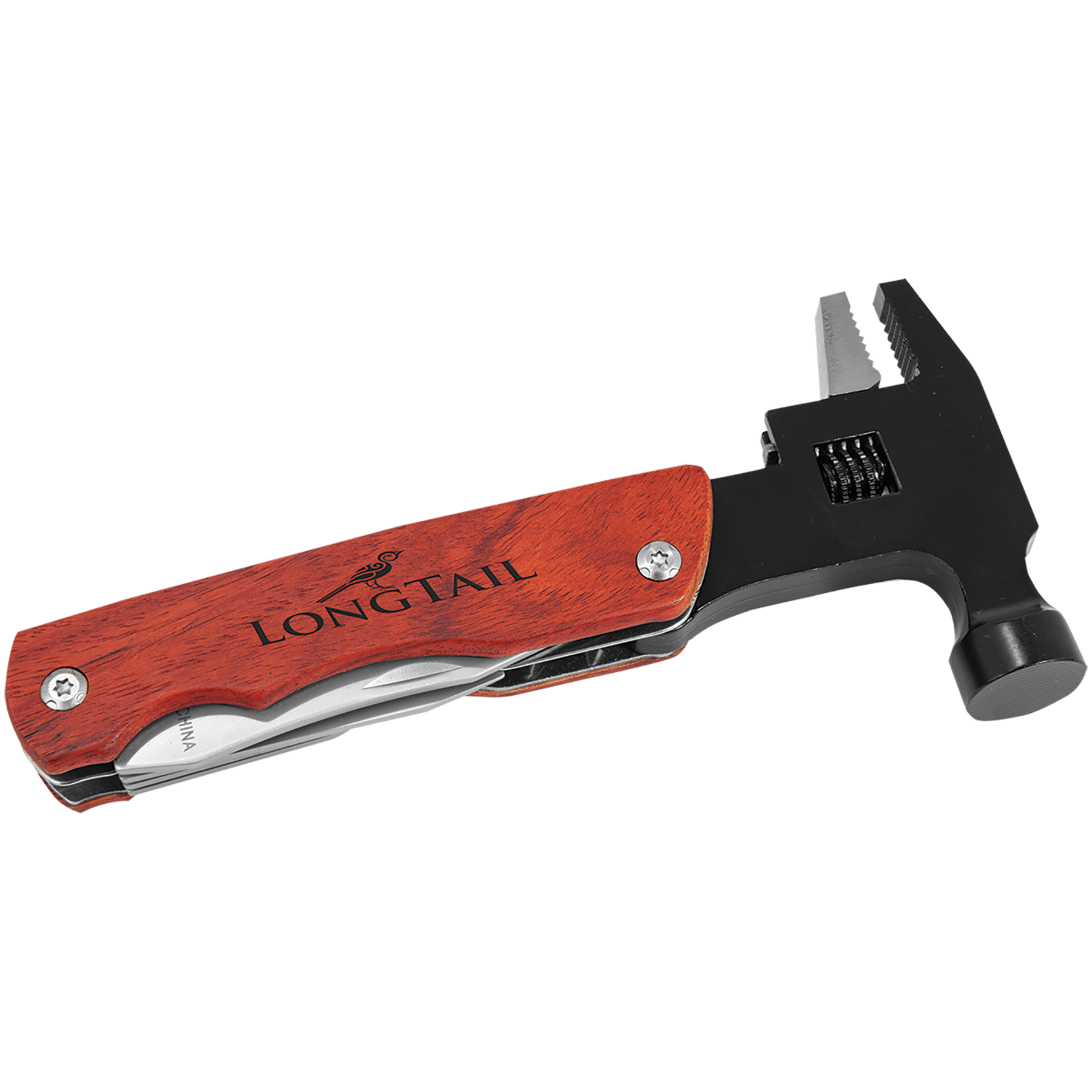 6 3/4" hammer multi-tool with rosewood handle, adjustable wrench, and engraved "LONGTAIL" logo.