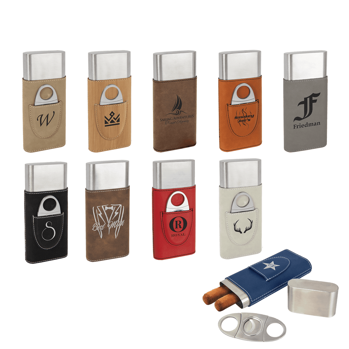 Assorted laserable leatherette cigar cases with cutters in various colors and custom engravings.