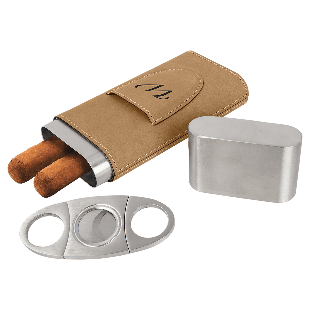 Tan leatherette cigar case with two cigars, a silver cutter, and a flask.