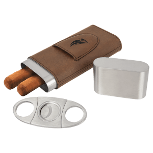 Brown laserable leatherette cigar case with two cigars, a silver flask, and a cigar cutter.