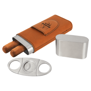 Tan laserable leatherette cigar case with two cigars, a silver flask, and a cigar cutter.