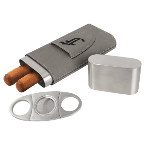 Gray leatherette cigar case with two cigars, a silver cutter, and a matching flask.