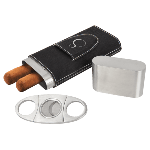 Black laserable leatherette cigar case with two cigars, a silver cutter, and a stainless steel flask.