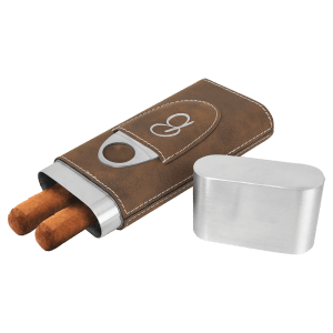Brown laserable leatherette cigar case with two cigars, silver cutter, and matching silver cap.