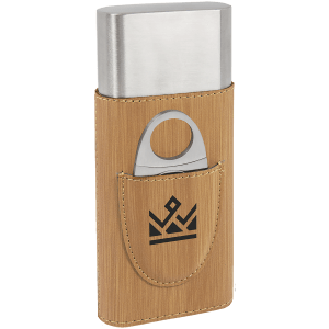 Tan laserable leatherette cigar case with silver cutter and crown logo.