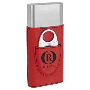 Red laserable leatherette cigar case with a silver cutter in a front pocket, featuring a black "R ROYAL" logo.