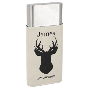 Light beige leatherette cigar case with silver top, personalized with "James", a deer head, and "groomsman".