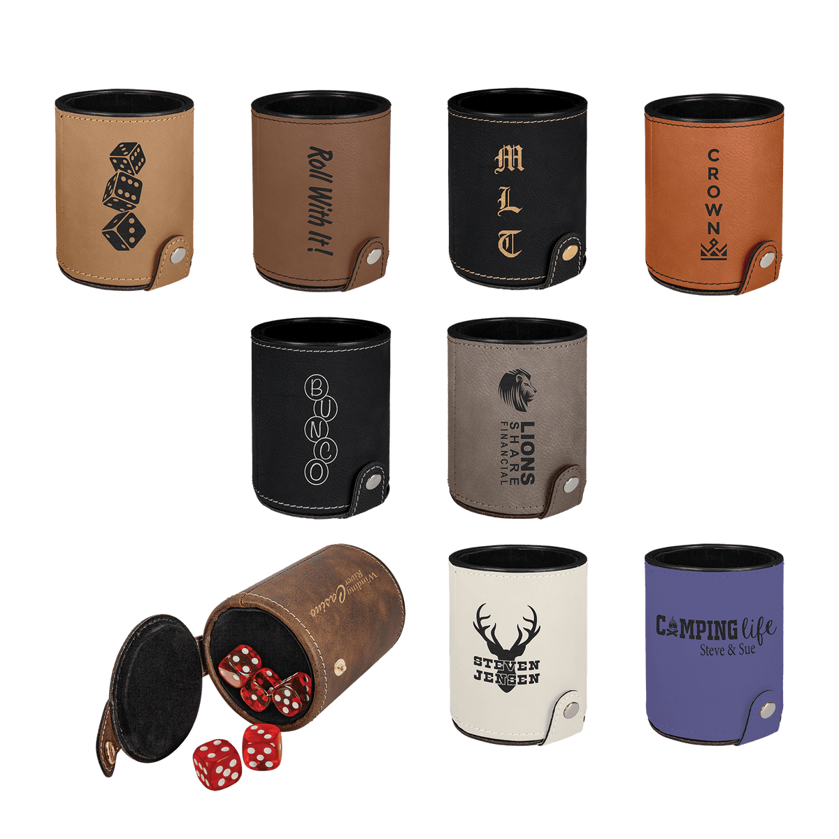 Assortment of personalized laserable leatherette dice cups in various colors with velvet lining and dice.