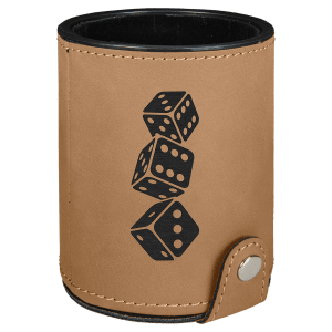 Tan laserable leatherette dice cup with black velvet lining, silver snap closure, and stacked dice design.