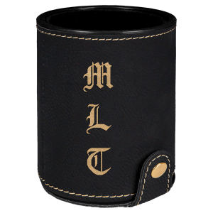 Black laserable leatherette dice cup with gold stitching, a snap closure, and "MLT" engraved in gold.