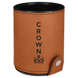 Brown laserable leatherette dice cup with black velvet lining, silver snap, and "CROWN" logo.
