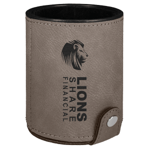 Gray leatherette dice cup with black velvet lining, silver snap closure, and "Lions Share Financial" logo.