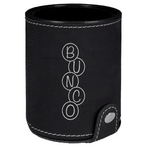 Black laserable leatherette dice cup with white "BUNCO" engraving, white stitching, and silver snap.