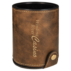 Brown laserable leatherette dice cup with "Winding River Casino" engraved, velvet lining, and gold snap closure.