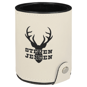 Cream laserable leatherette dice cup with black deer antler design and "STEVEN JENSEN" text.