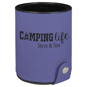 Purple laserable leatherette dice cup with "Camping Life" design, silver snap closure, and black velvet lining.