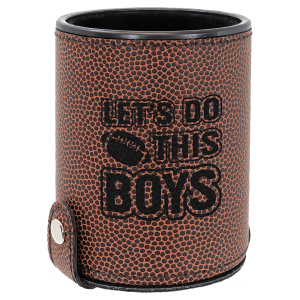 Brown football-textured leatherette dice cup with "LET'S DO THIS BOYS" engraved, velvet lining, and snap closure.
