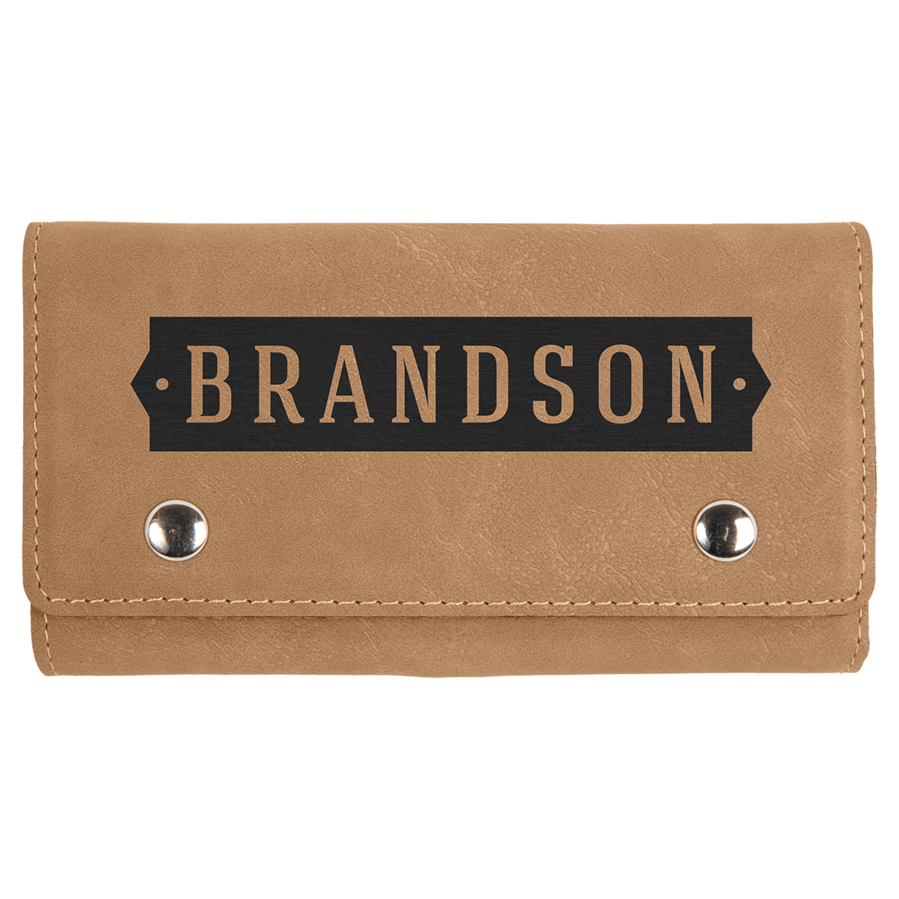 Tan laserable leatherette card and dice set case with "BRANDSON" engraved in black, featuring silver snaps.