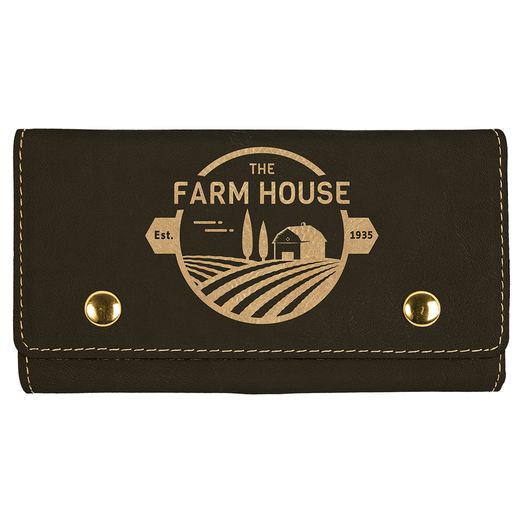Dark brown laserable leatherette card and dice set case with gold "The Farm House" logo and silver snaps.