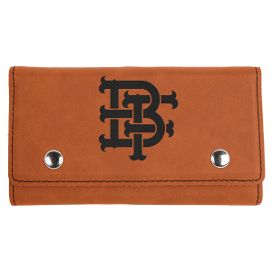 Laserable light brown leatherette card & dice set case with black monogram and silver snaps.