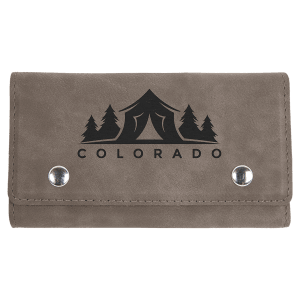 Gray laserable leatherette card & dice set case with a black tent and pine tree "COLORADO" design, featuring two silver snaps.