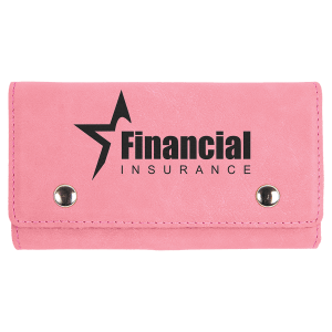 Pink leatherette case with "Financial Insurance" logo, silver snaps, and stitched edges.