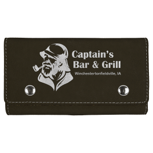 Black laserable leatherette card and dice set case with silver snaps and custom Captain's Bar & Grill logo.