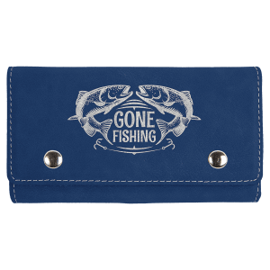 Navy blue laserable leatherette card and dice set case with "Gone Fishing" design and silver snaps.