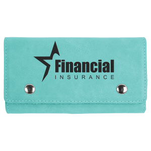 Teal laserable leatherette card and dice set case with silver snaps and "Financial Insurance" logo.