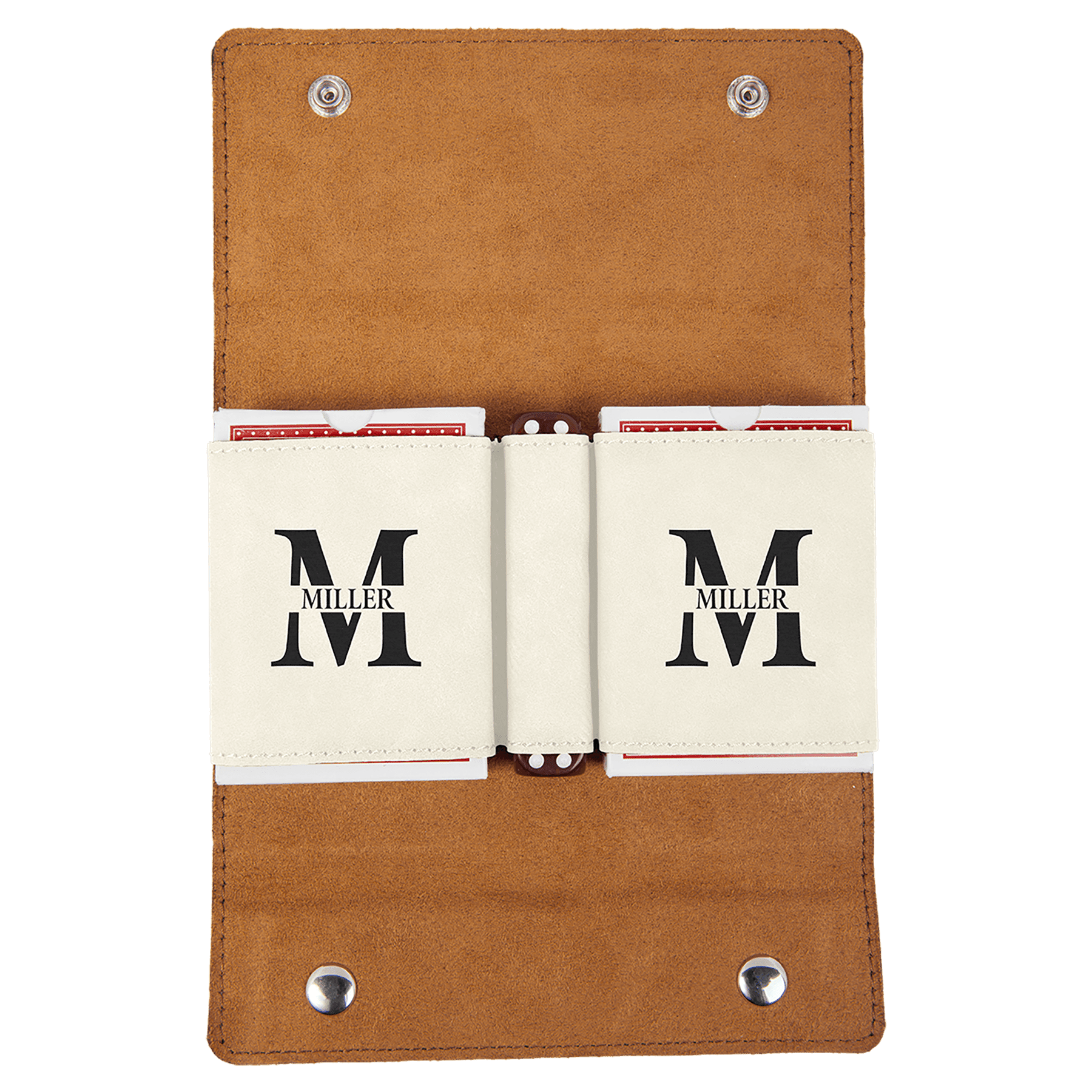 Open tan laserable leatherette card and dice set with silver snaps, showing two decks of cards with "M MILLER" design.