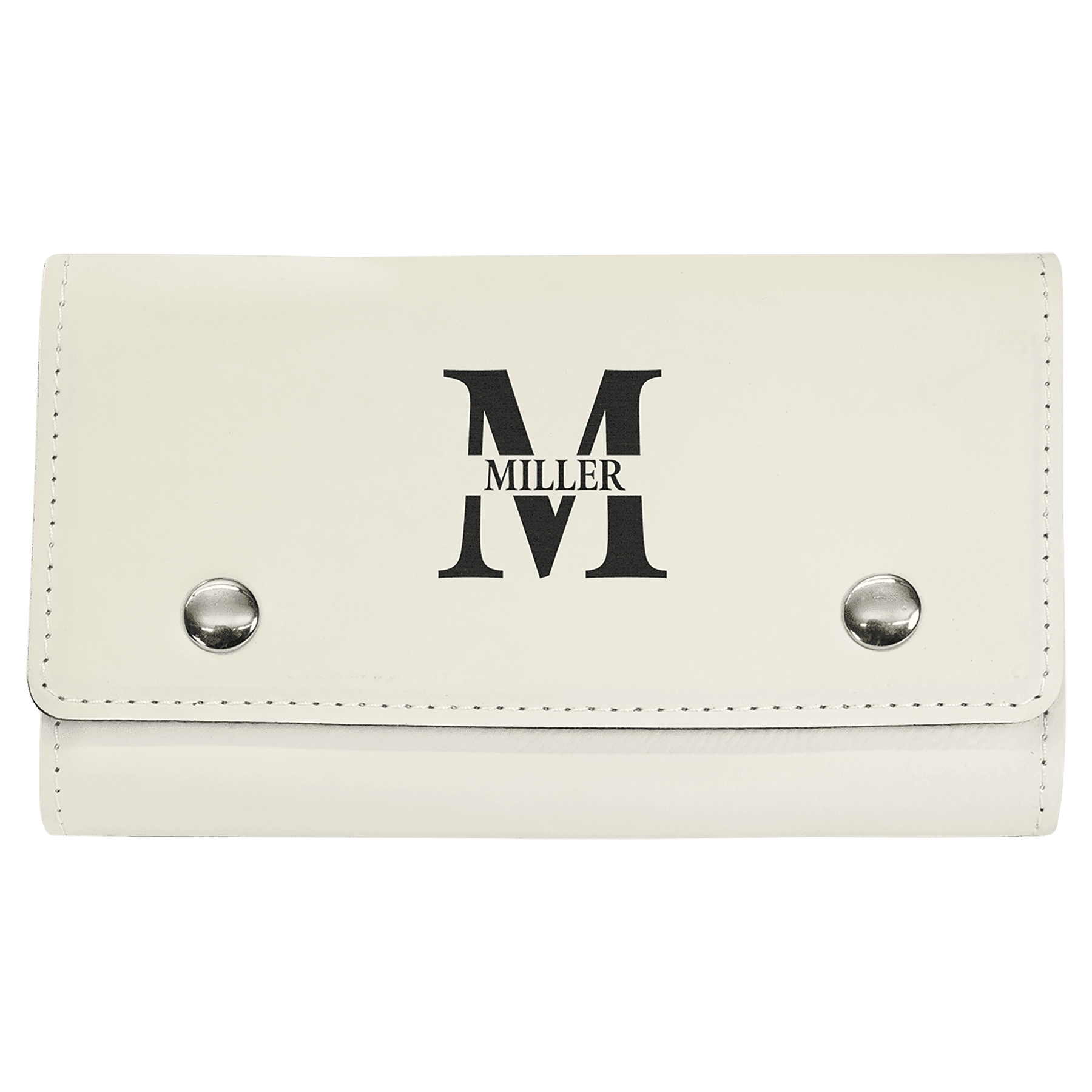 Cream laserable leatherette card and dice set case with silver snaps and a personalized "MILLER M" engraving.