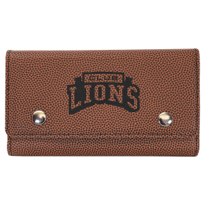 Brown laserable leatherette card & dice set case with a football texture, silver snaps, and "LIONS" logo.