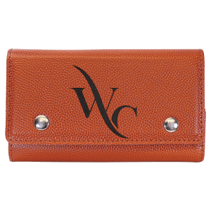 Orange laserable leatherette card and dice set case with silver snaps and a black "WC" logo.