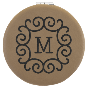 2 1/2" round tan laserable leatherette compact mirror with a black "M" monogram.