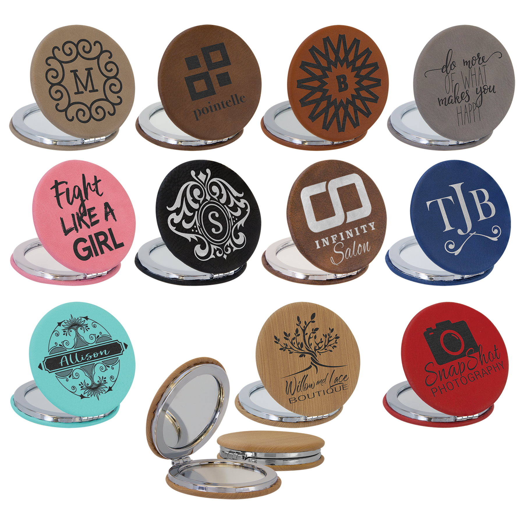 Assortment of 2.5" round laserable leatherette compact mirrors in various colors and engraved designs.
