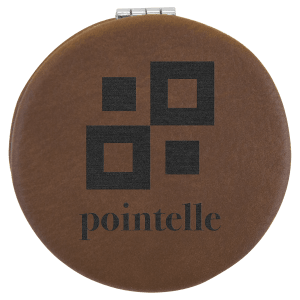 2 1/2" round brown laserable leatherette compact mirror with "pointelle" logo.