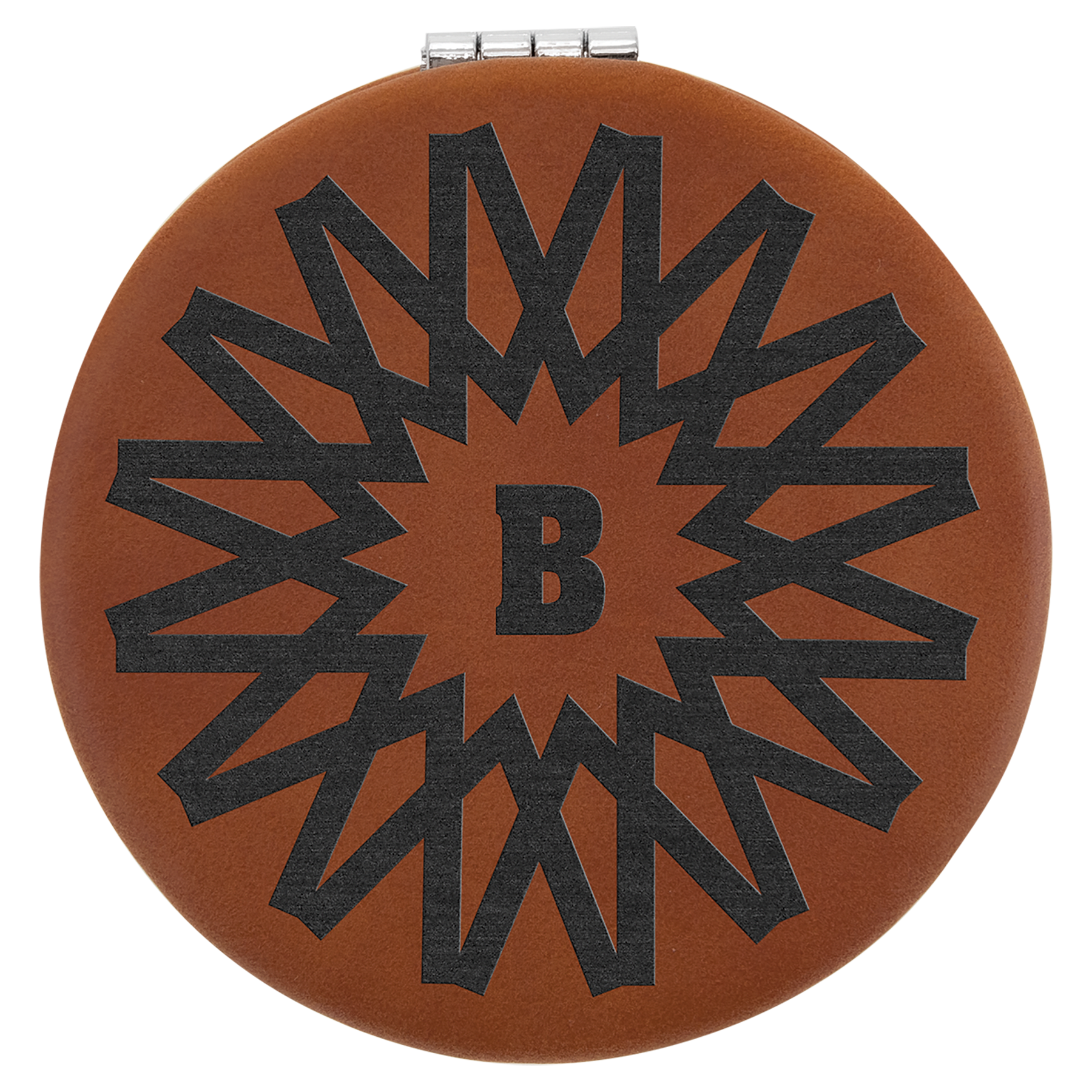 2 1/2" round brown laserable leatherette compact mirror with a black geometric starburst design and "B" initial.