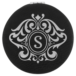 Black 2.5" round laserable leatherette compact mirror with silver ornate "S" monogram.